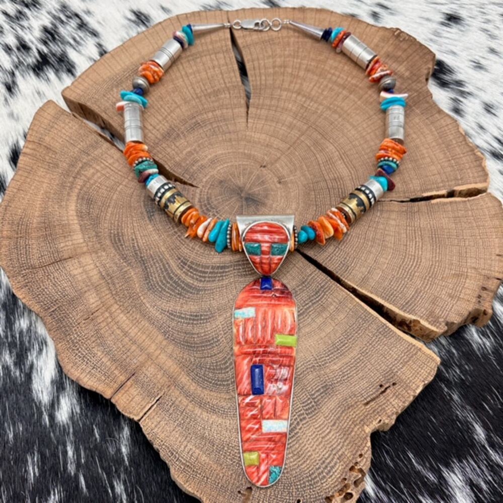 1990s SOUTHWEST STYLE Sterling & Multi-Stone Corn Maiden Inlay Pendant Necklace